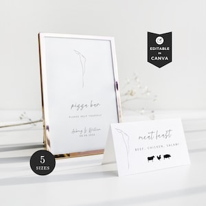 Boda de menú de pizza con tarjeta de lugar, plantilla mínima de letrero de barra de pizza, descarga de tarjetas de lugar de menú, tarjetas de menú de buffet de boda para configuración de lugar