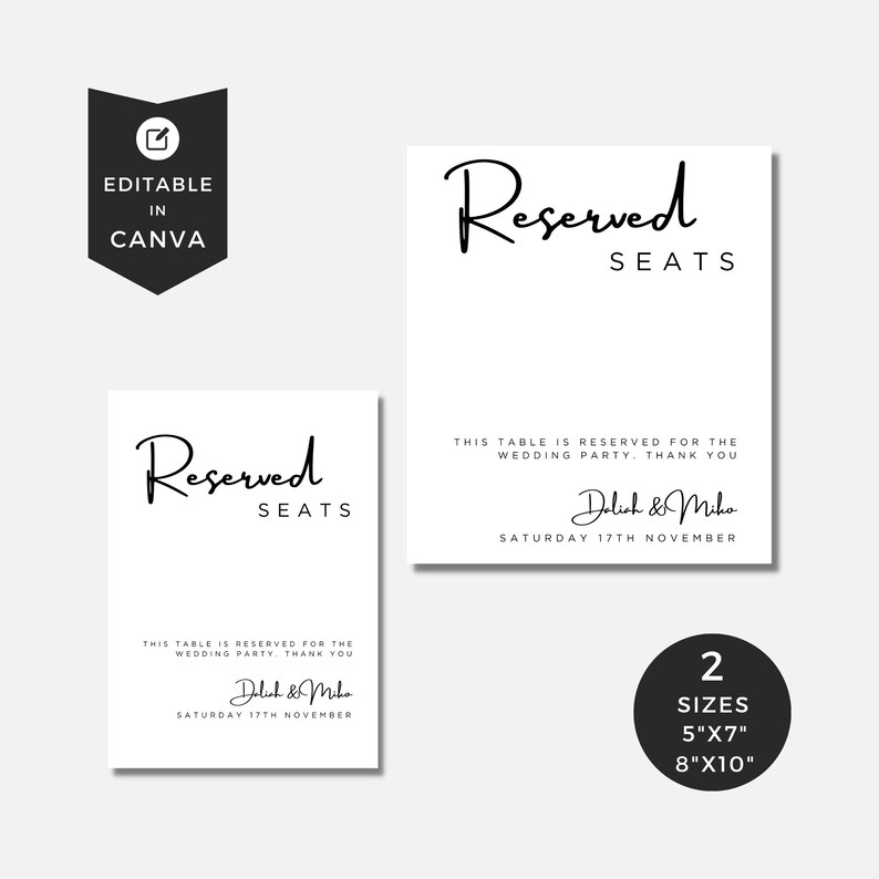 Reserved Seating Signs Template, Wedding Reserved Seat Signs, Weddings ...
