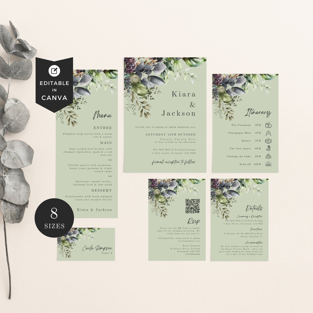 Sage Green Wedding Invitation Suite With Qr Code, Fancy Wedding ...