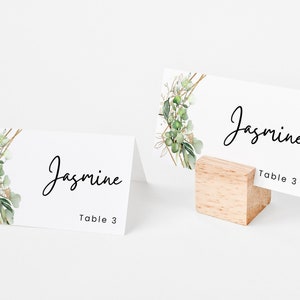 Etiquetas de nombres de mesa de boda imprimibles, plantillas de Canva de signos de recepción, nombres de lugares plegados planos, marco verde y dorado, descarga instantánea, bricolaje