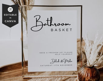 Wedding Bathroom Basket Template, Bathroom Basket Signage, Toiletries Sign For Wedding Bathroom, Minimalist Wedding Signs, Canva Edit, DIY