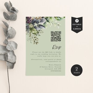 Cartões Rsvp com código Qr com vegetação, inserção de código Qr Rsvp de casamento, código QR de inserção Rsvp de casamento, modelo de canva de cartão Rsvp de casamento sábio, DIY