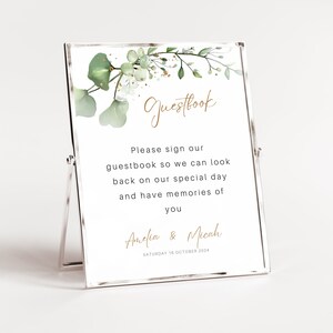 Modello minimalista per libro degli ospiti per matrimonio, modelli Canva, cartelli da tavolo, segnaletica per la reception, verde e oro, minimalista moderno, sposa fai da te