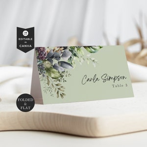 Plantilla de tarjeta de nombre de tarjeta de lugar de boda de vegetación de eucalipto, tarjetas de lugar de nombre floral, configuración de mesa de boda, papelería de boda floral de salvia