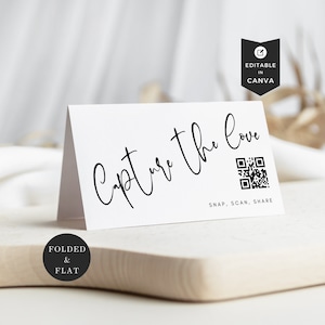 Signe de code QR Capturez l'amour pour le mariage, Code QR Capturez l'amour pour le partage de photos de mariage, Modèle de marque-place QR pour table de réception numérisable