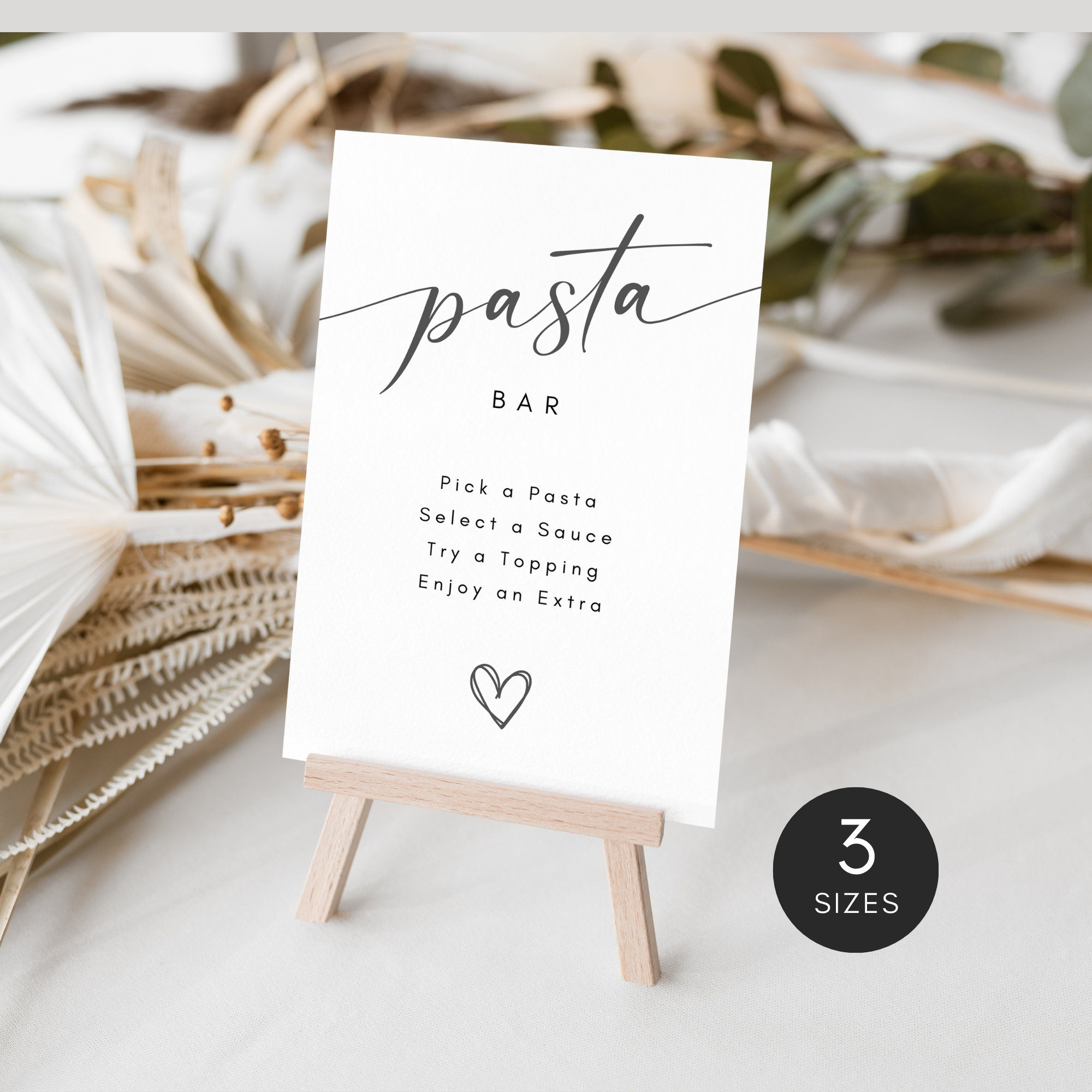 Pasta Bar Sign, Minimalist Pasta Bar Wedding Sign, Grazing Table Wedding Buffet Food Sign, Heart Wedding Reception Signs,Canva Menu Template