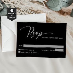 Testo del modello di carta Rsvp, modello di carta di matrimonio Rsvp minimalista moderno nero, carta di matrimonio con risposta gentile per matrimonio, cartolina postale Rsvp Canva, fai da te