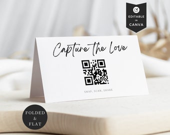 QR Code For Photo Sharing Wedding, Reception Signage, Scannable Signs, Canva Instant Download Template, DIY Bride Stationery, Table Top