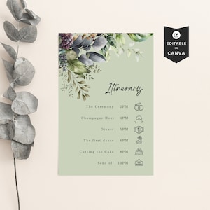 Wkładka do torby hotelowej na wesele, wkładka do planu ślubu z motywem kwiatowym Sage, kwiatowy plan ślubu, szablon szczegółów ślubu Canva Sage Green, 4x6 DIY