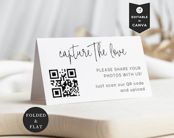 QR Code For Photo Sharing Wedding, Place Card, Reception Signage, Scannable Signs, Canva Instant Download Template, DIY Bride, Table Top