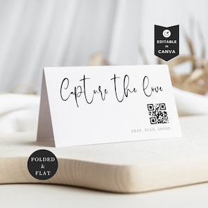 Capture el signo del código QR de la boda del amor, capture el código QR del amor para compartir fotos de la boda, plantilla escaneable de la tarjeta del lugar QR de la mesa de recepción