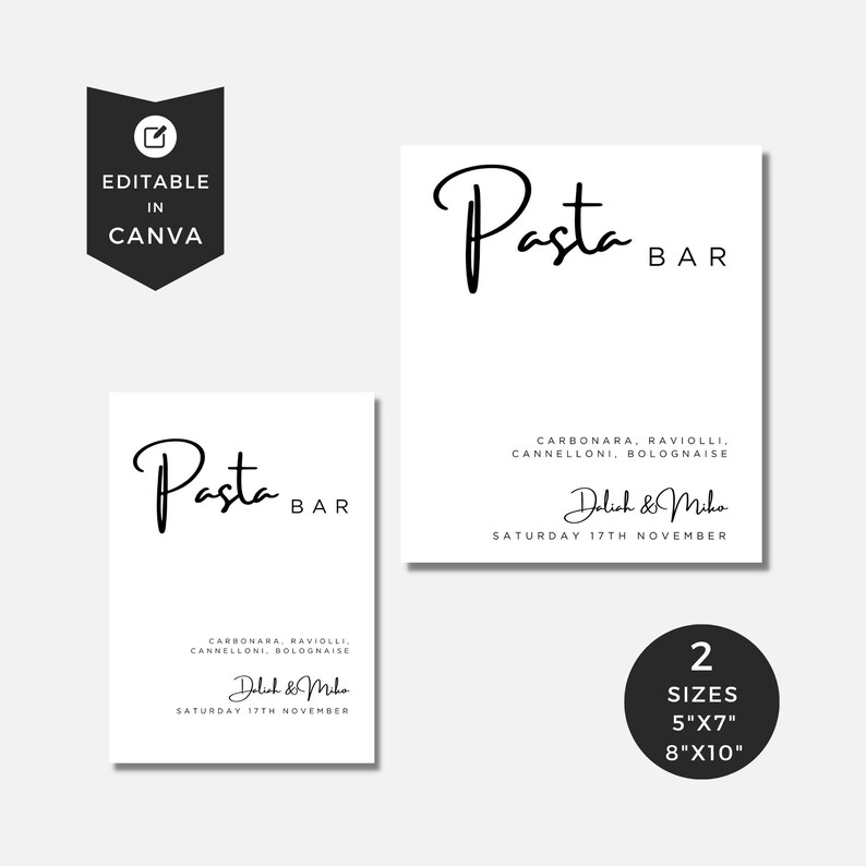 Pasta Bar Sign, Minimalist Pasta Bar Wedding Sign, Grazing Table