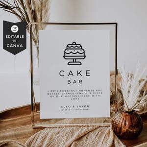 Hochzeitstorte Bar Zeichen Canva Vorlage, Süße Leckereien Tischanzeige, Minimale Hochzeitsdessert Bar Menü, DIY Braut bearbeitbar, Empfangsbeschilderung