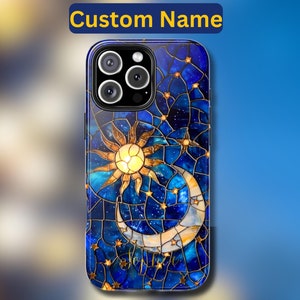 Custom Celestial Stained Glass Print Moon & Stars Phone Case Faux Stain Glass Starry Night Sky Design Phone Cover iPhone 15 Samsung24 Pixel8
