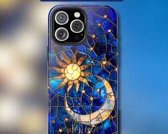 カスタム天体ステンドグラスプリント月と星の電話ケースフェイクステンドグラス星空夜空デザイン電話カバーiPhone 15 Samsung24 Pixel8