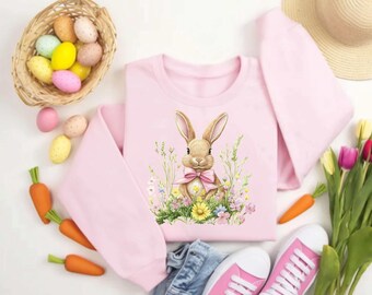Easter Flowers Bunny Sweatshirt Custom Cute Bunny Sweatshirt Rabbit Tee Happy Easter Day Gift Coquette Easter Shirt Cute Easter Sweatshirt
