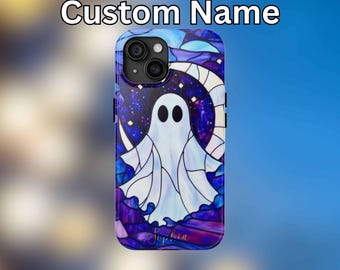 Celestial Halloween Ghost Telefoonhoesje Spooky Moon and Stars Faux Gebrandschilderd Glas Night Cover voor iPhone 16 15 14 13 Pixel 8 7 Samsung S24 S23