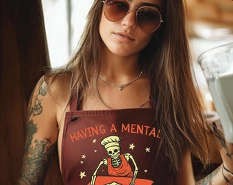 Having a Mental Bake Down Apron Skeleton Chef Apron Gift for Baker Funny Cooking Apron Halloween Baking Apron Halloween Chef Aprons Custom