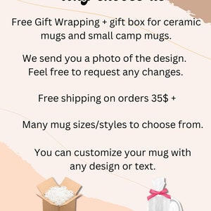 May include: A graphic with text that reads "Why choose us" and lists reasons to choose a custom mug shop. The graphic includes images of a brown box with white packing peanuts and a white mug with a pink ribbon.