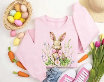 Cute Easter Flowers Bunny Sweatshirt Cute Bunny Sweatshirt Rabbit Tee Happy Easter Day Gift Custom Coquette Easter Shirt Easter Sweatshirt