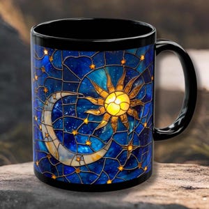 Custom Celestial Stained Glass Coffee Mug Dark Academia Witchy Stain Glass Stars Moon Teacup Heavenly Starry Night Design Black Cup Gift