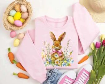 Easter Flowers Bunny Sweatshirt Cute Bunny Sweatshirt Rabbit Tee Happy Easter Day Gift Custom Coquette Easter Shirt Cute Easter Sweatshirt