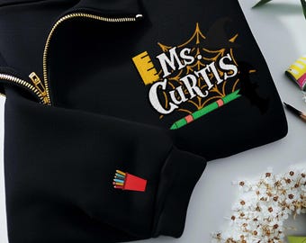 Personalized Teacher Halloween Zip Hoodie  embroidered Teacher Quarter Zip Spooky Vibes Teacher Shirt Cute Halloween for Teacher Spooky