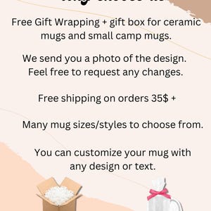 May include: A graphic with text that reads "Why choose us" and lists reasons to choose a custom mug shop. The graphic includes two images of mugs in gift boxes. One box is brown with white tissue paper and the other is white with a pink ribbon.