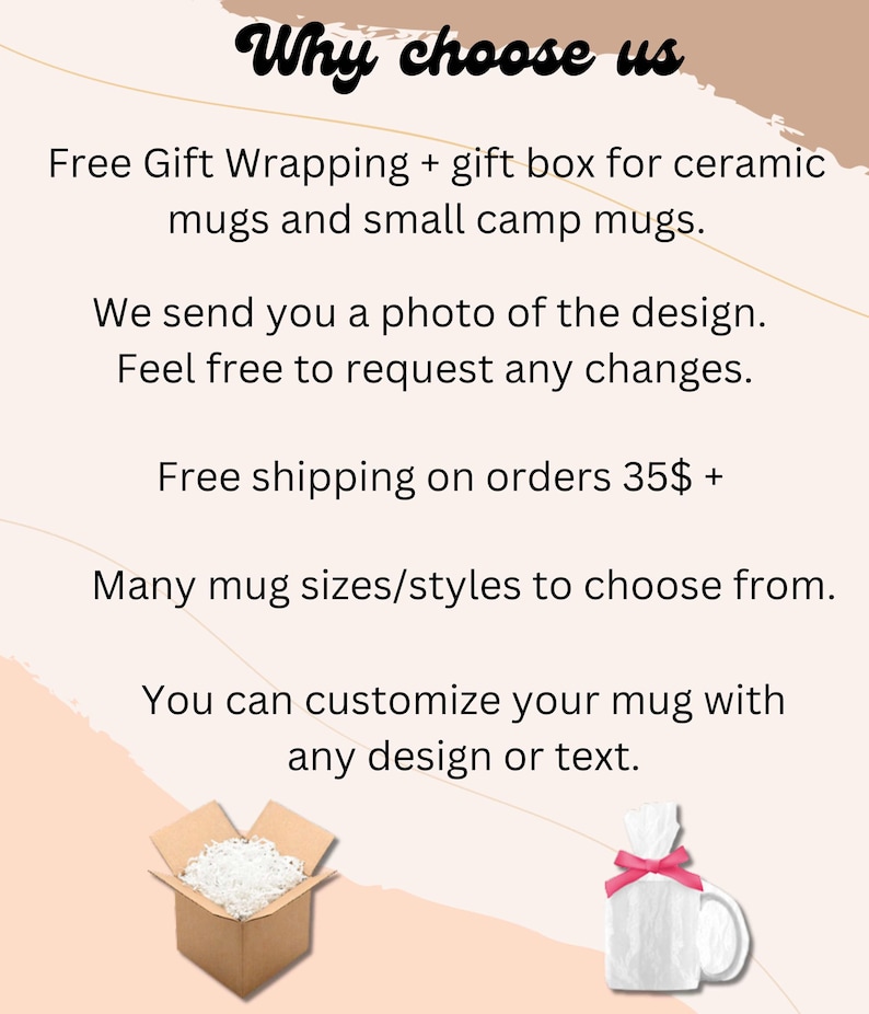 May include: A graphic with text that reads "Why choose us" and lists reasons to choose a custom mug shop. The graphic includes two images of mugs in gift boxes. One box is brown with white tissue paper and the other is white with a pink ribbon.