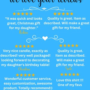 May include: A blue background with white text that reads "We love your reviews". Five customer reviews are displayed with five-star ratings and text describing the product and service. The reviews are from Robin, Christine, Brianna, Gale, and Gail.