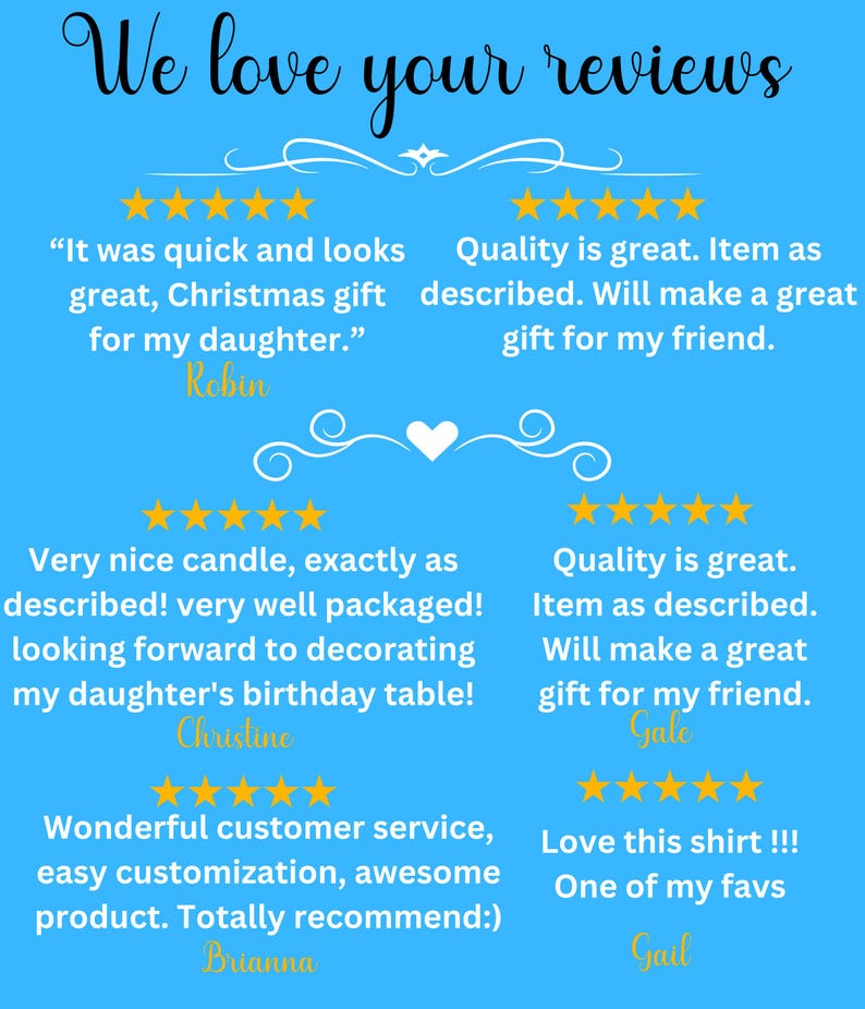 May include: A blue background with white text that reads "We love your reviews". Five customer reviews are displayed with five-star ratings and text describing the product and service. The reviews are from Robin, Christine, Brianna, Gale, and Gail.