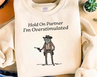 Hold On Partner Im Overstimulated Sweatshirt Cowboy Frog Sweatshirt Cowboy Frog Unhinged Shirt Cute Animal Sweatshirt Funny Frog Shirt gift