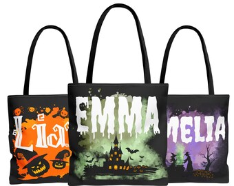 Personalized Halloween Tote Bag Customized Pumpkin Witch Castle Black Cat Skeleton Ghost Canvas Tote Bag for Trick or Treat Goodie gift Bags