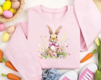 Easter Flowers Bunny Sweatshirt Custom Cute Bunny Sweatshirt Rabbit Tee Happy Easter Day Gift Coquette Easter Shirt Cute Easter Sweatshirt