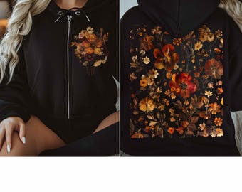 Pressed Flowers Zip Hoodie Full Zip Cottagecore Autumn Floral