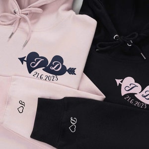 Embroidered Initial Heart swetashirt Couples Hoodies Custom Initial On Sleeve cupid arrow embroidered Roman numer Couple hoodie Anniversary