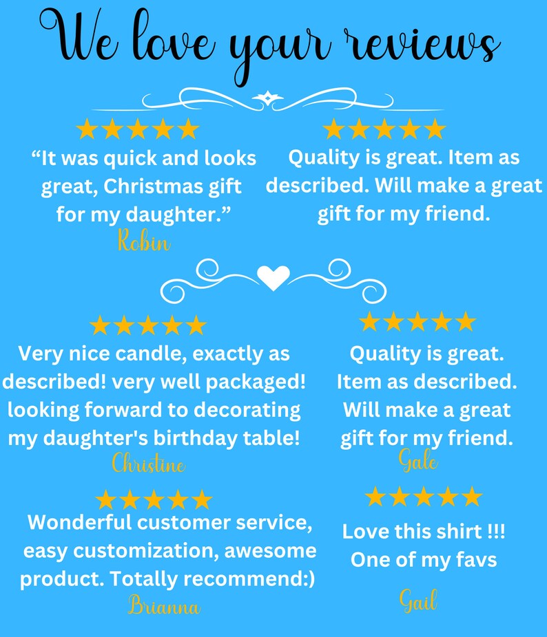 Puede incluir: Un fondo azul con texto blanco que dice "We love your reviews". Hay cinco rese&ntilde;as de clientes con calificaciones de cinco estrellas y texto que describe los productos. Las rese&ntilde;as son para una vela, una camisa y un regalo.