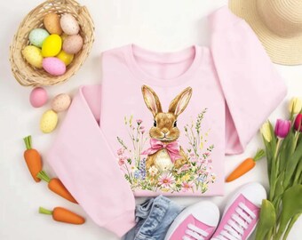 Easter Flowers Bunny Sweatshirt Cute Bunny Sweatshirt Rabbit Tee Cute Happy Easter Day Gift Custom Coquette Easter Shirt Easter Sweatshirt