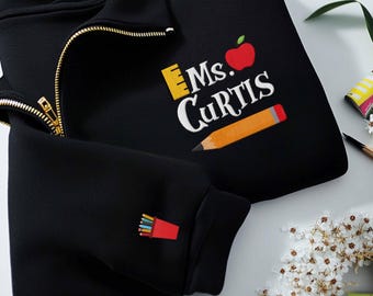 Sudadera con capucha y cremallera completa y bordada personalizada para maestro, con cremallera de un cuarto y nombre personalizado, regalo de guardería, regalo para maestro para ella, para él