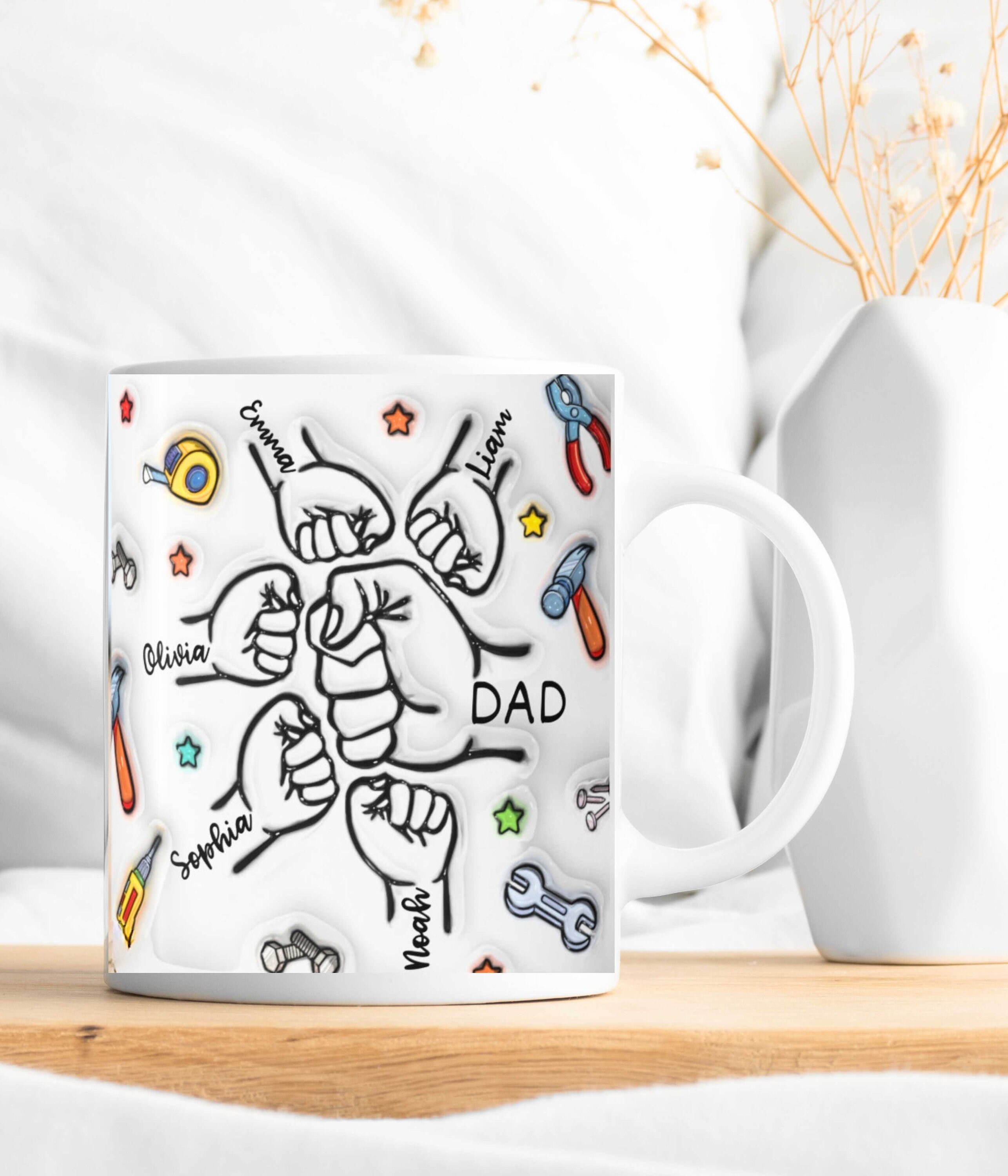 Dad Script Mug Dad Mug With Kids Names Fathers Day Gift 3D Inflated Effect Printed Dad ...