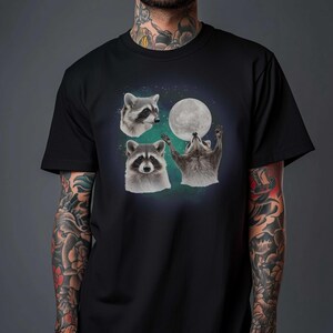 Three Raccoons Retro Graphic T-shirts Vintage Raccoon Moon Tshirt Raccoon Lovers Funny Raccon Tee, Oversized Washed Tee Silly Gifts Custom