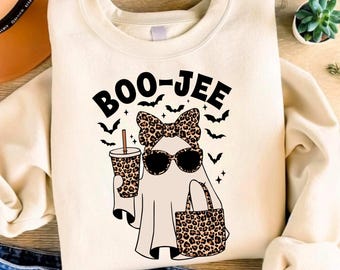 ブージーゴーストシャツ、ヒョウ柄ゴーストTシャツ、ゴーストコーヒーシャツ、面白い秋シャツ、ゴーストTシャツ、ガーリーハロウィンギフト、ブージーシャツ、彼女へのギフト