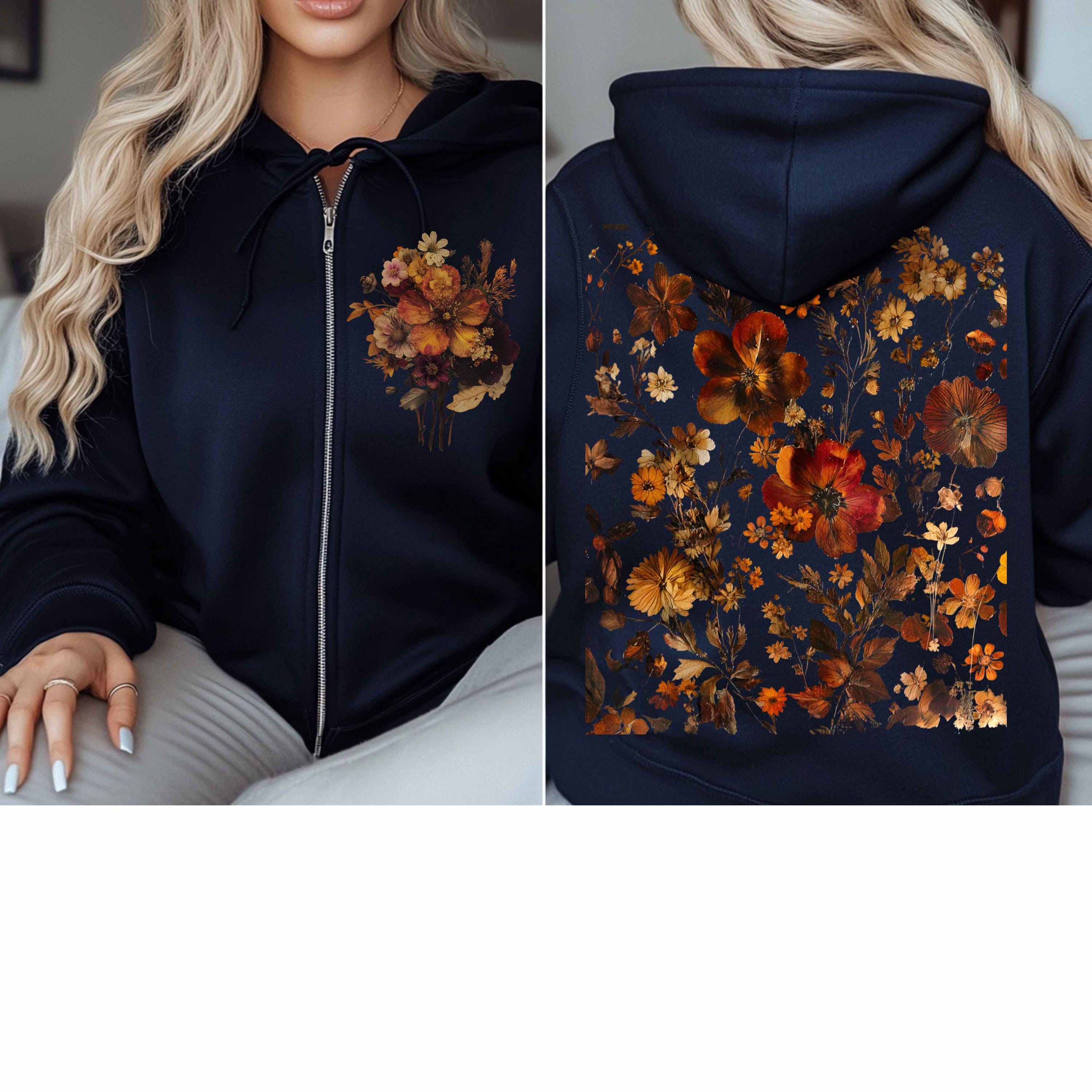 Pressed Flowers Zip Hoodie Full Zip Cottagecore Fall Floral