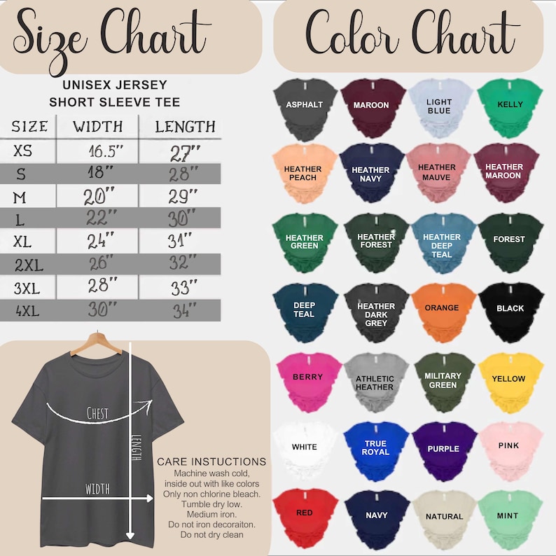 May include: A size and color chart for a unisex short sleeve tee shirt. The size chart shows measurements in inches for sizes XS to 4XL. The color chart displays various shirt colors, including Asphalt, Maroon, and Light Blue.