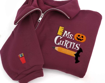 Custom Teacher Halloween Zip Hoodie  embroidered Teacher Quarter Zip Spooky Vibes Personalized Teacher Shirt Cute Halloween for Teacher