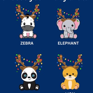 Puede incluir: Cuatro avatares de animales beb&eacute;s con cuernos de reno y luces navide&ntilde;as. Los animales son una cebra, un elefante, un panda y un le&oacute;n. Elige tu avatar de beb&eacute;.