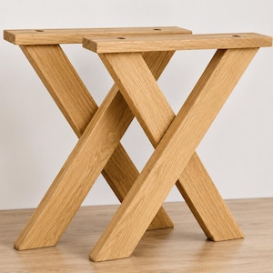 Pieds de table en X faits main en chêne massif - Finition naturelle, 700 mm