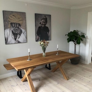 2m Solid Oak Dining Table with Handmade X-Shaped Legs – Rustic Modern Wide Plank Natural Wood Table