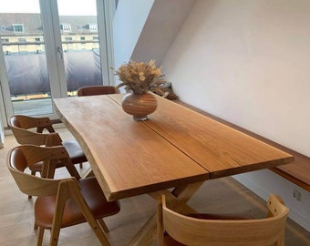Handmade Solid Oak Dining Table – Natural Wood, Two Plank Top