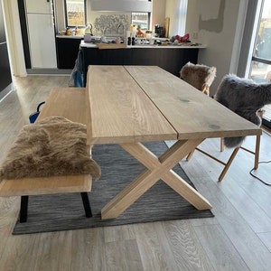 Solid oak wood table top 2,2m with X oak legs, kitchen dining table, outdoor table, Live Egde  Desk